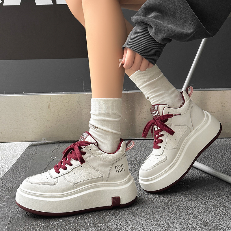 Genuine Leather High-Top White Shoes for Women 2025 Autumn and Winter Internet Celebrity Hot Style Fleece-Lined Platform Thick-Soled Casual Sneakers for Small People
