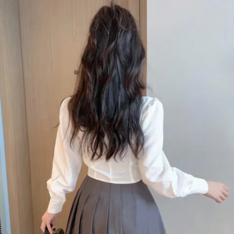 (2개) (시원한 실크면 틈새 디자인 감각) 가을 여성을위한 허리 유니폼 순수한 정욕 스타일 흰색 긴팔 슬림 핫 소녀 셔츠