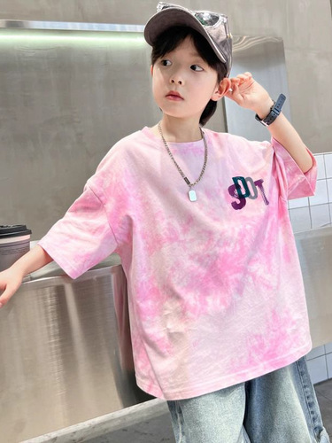 Children's summer clothing for boys, medium size, Korean style, stylish and casual, loose print letter T-shirt for boys, trendy