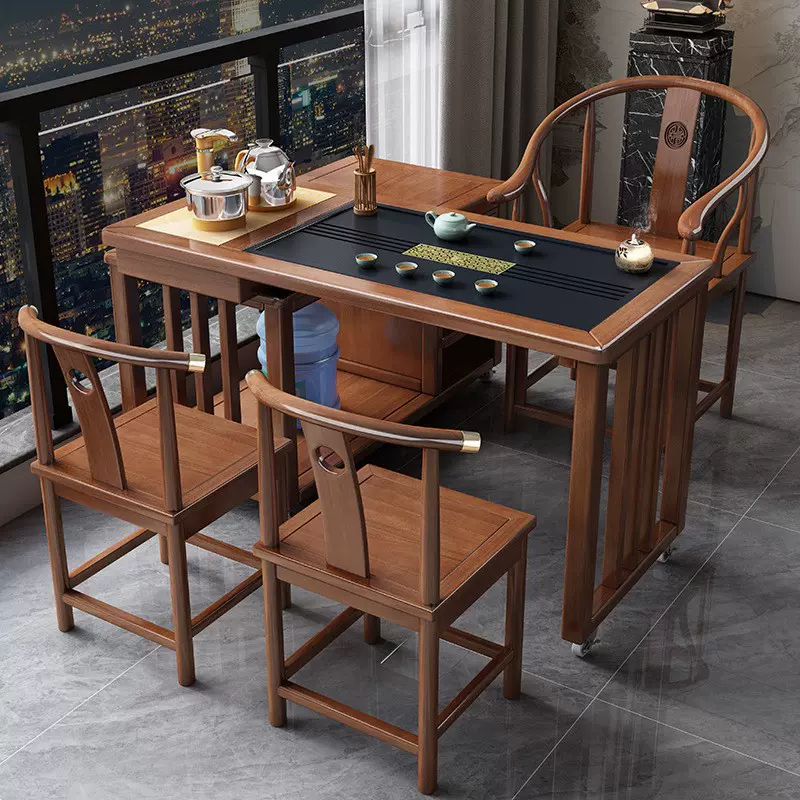 实木新中式橡胶木一体泡茶桌椅组合旋转茶桌全套阳台移动功夫茶台