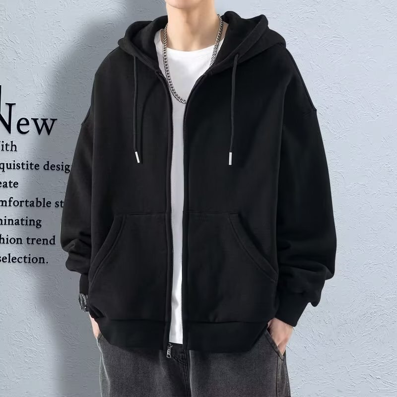 Cardigan zipper sweater men's solid color coat 2024 autumn youth casual all-match hooded thin jacket top Cardigan zipper sweater men's solid color coat 2024 autumn youth casual all-match hooded thin jacket top
