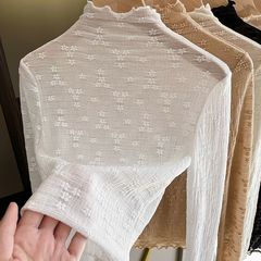 女性のためのハーフタートルネックレースボトリングシャツ 2025 春の新しいスタイルの長袖チュール中空メッシュインナートップ