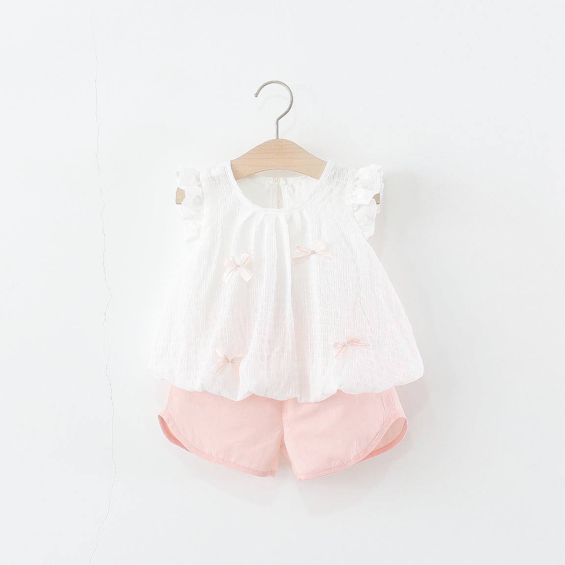 2025 New Summer Four-Bow Suit Girls Flying Sleeve Bow Top + Shorts Two-Piece Set