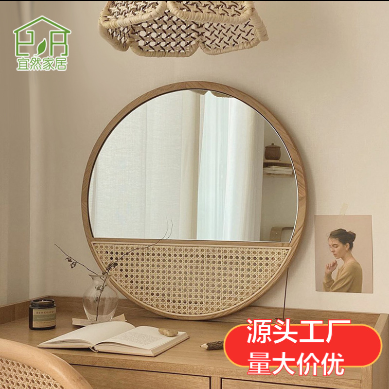 Espejo de caña renacentista nórdico personalizado residencias residenciales manuales in-viento espejo de maquillaje de madera sólida colgado en pared espejo circular