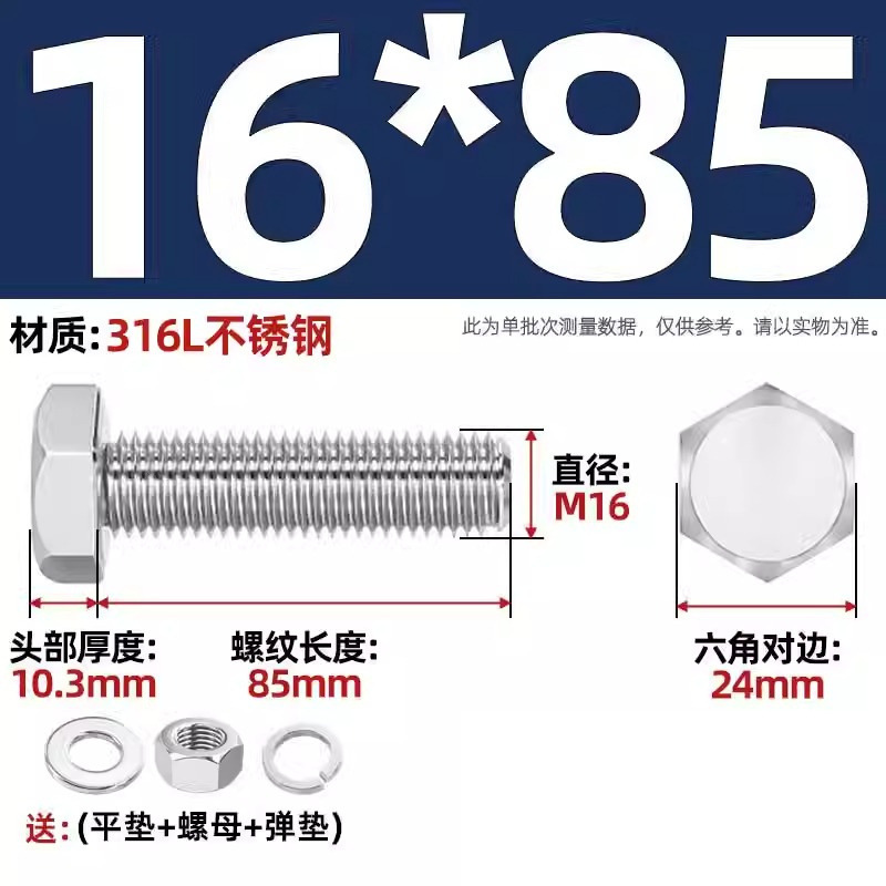 316L acero inoxidable perno hexagonal macho conjunto de tuerca de tornillo conjunto de cojín elástico plano completo M6M8M10M12-M20 image 187