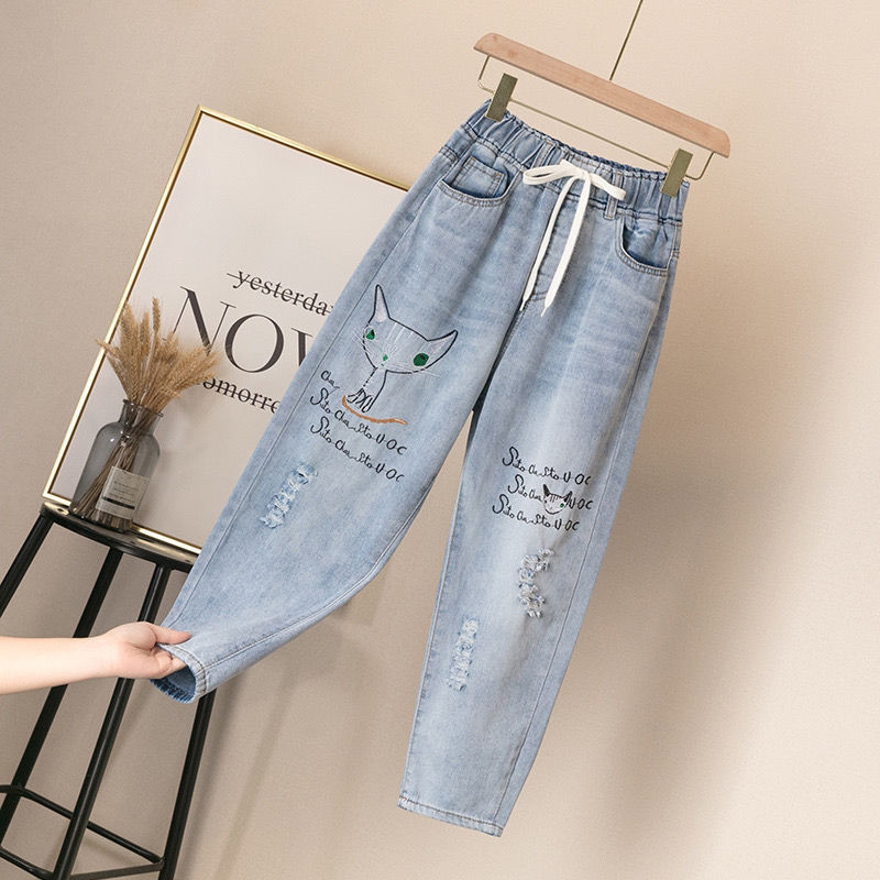 2025 Embroidered Jeans Women's Loose Straight Tube Stretch Waist Academy Style Retro Art High Waist Spring and Autumn Nine Points