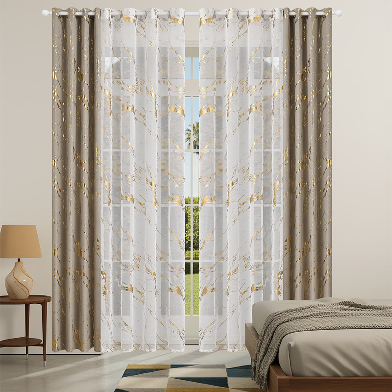Amazon Gold Foil Curtain Set: Spring Asian Textile Marble Blackout Curtains 2Pcs with Full Dori Window Sheers 2Pcs