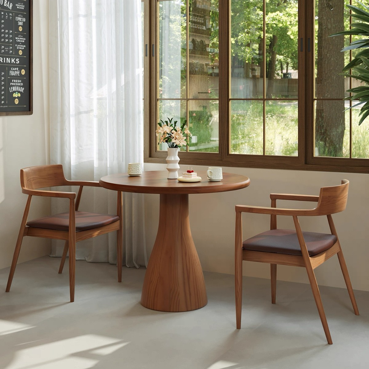 Manufacturer Milk Tea Table Coffee Shop Solid Wood Round Dining Table Commercial Restaurant B&B Single Leg Round Table Hall Retro Table