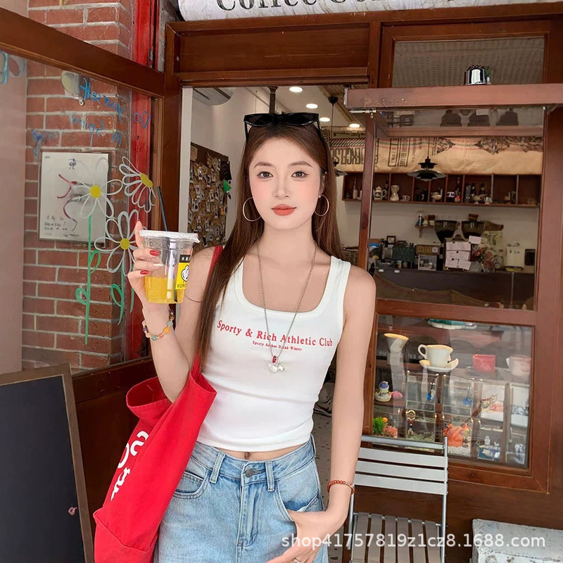 Summer new U-neck letter print camisole with built-in chest pads, slim fit, versatile, can be worn as outerwear, stylish backless tank top Summer new U-neck letter print camisole with built-in chest pads, slim fit, versatile, can be worn as outerwear, stylish backless tank top
