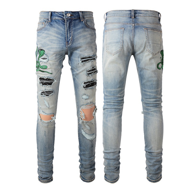 Men's Clothing pleated color matching jeans blue embroidery ripped snakeskin slim fitting men's pants_voghion.com