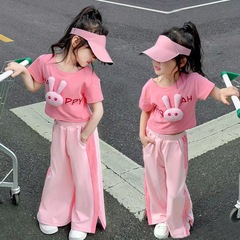 Girls Summer Suit Set 2023 New Children's Wear Internet Celebrity Fashionable Children's Fashionable Wide Leg Pants Summer Two-Piece Set