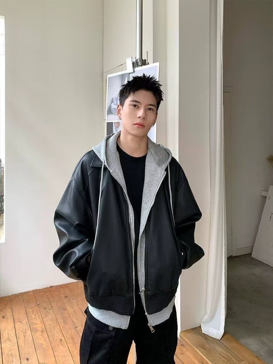 Herren Kapuzenjacke Aus Kunstleder Im Old Money Stil Set_voghion.com