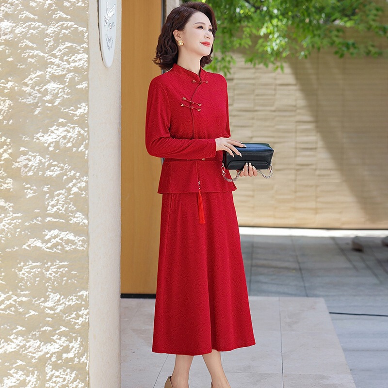 Fashionable Fleece-Lined Base Dress for Middle-Aged and Elderly Women, Autumn Long-Sleeve New Jacquard Button-Up Improved Cheongsam Dress