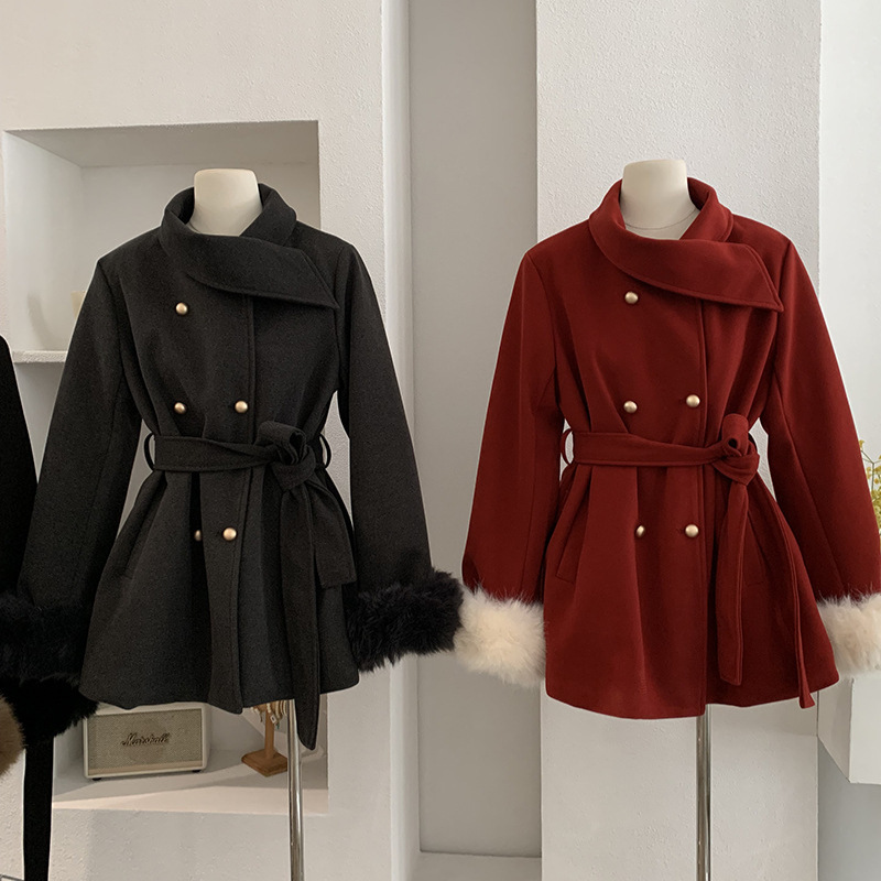 Omalai Woolen Outwear Women's Korean Winter Chaebol Daughter Scarf Collar Quilted Long-Sleeved Woolen Outwear 5241