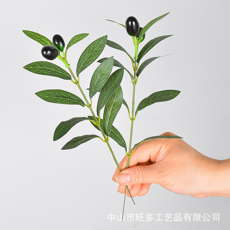 Single Olive Branch, Artificial Olive Branch with 2 Forks, Wedding Decoration, Living Room Display, Decorative Fake Flowers, Green Plant Leaves, Landscaping Wholesale