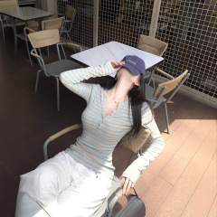 撞色条纹半开领长袖t恤女秋季修身收腰显瘦内搭打底纯欲绝美上衣