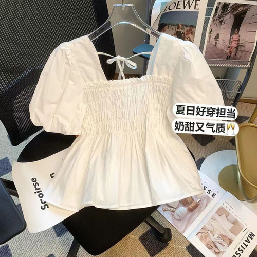 French pleated square collar bubble short-sleeved shirt for women in summer, beautiful Western-style small shirt, waist covering belly, all-match top