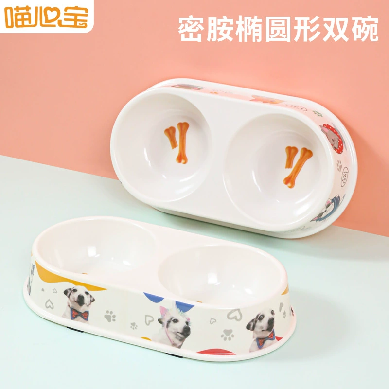Амазонка лучшие продажи Мяу Сердце Сокровище меламин овальная Двойная чаша милый цвет напечатан набор корма для домашних животных кошка двойная чаша