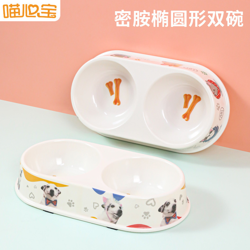 Amazon best selling Meow heart treasure melamine Oval double bowl cute color printed pet food set cat double Bowl