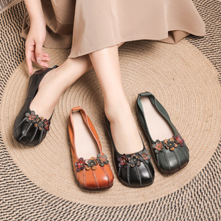 Spring and Summer Genuine Leather Mother's Shoes, Shallow Soft-Soled Flats, Cowhide Floral Forest Style Dance Flat Shoes, First Layer Cowhide