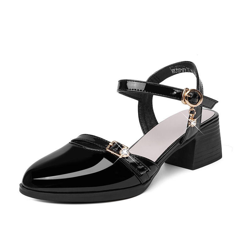Sandal bít mũi nữ gót thô đi làm đế mềm da thật — Màu đen