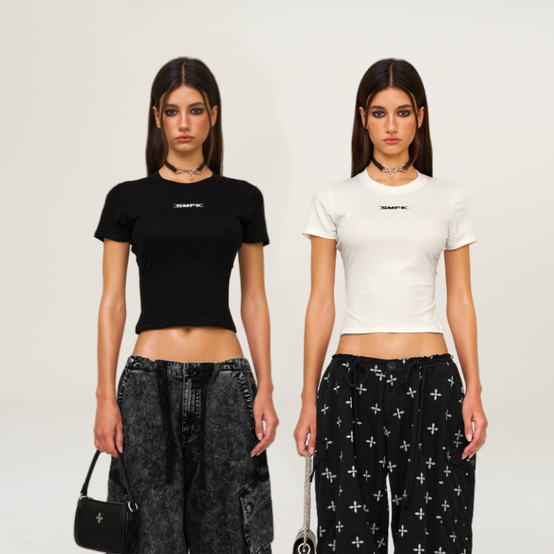 SMFK Ripple Tight Waist Sports Tee Elastic Tight Simple Fashion Top Short Sleeve New