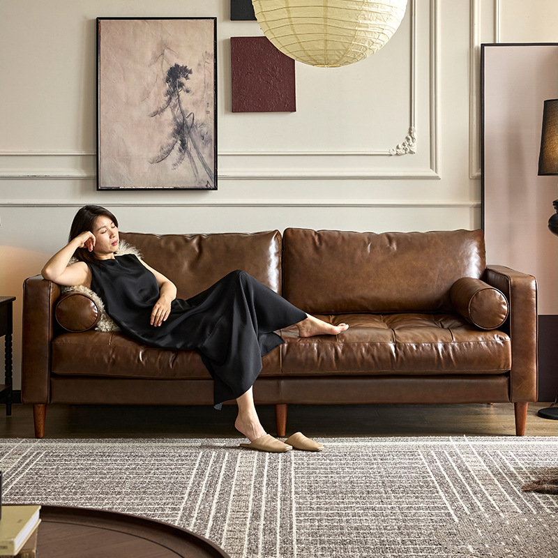 American Retro Sofa Cigar Bar Furniture Living Room Small Apartment Three-Seater Leather Sofa Large Button Sofa European Style