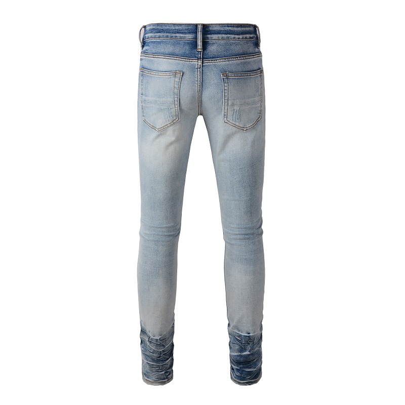 Herrenbekleidung im gleichen Stil, Katzenschnurrhaare, zerknitterte Farbe, Patchwork, Lederpatch, Loch, elastische Slim Fit-Röhrenjeans_voghion.com