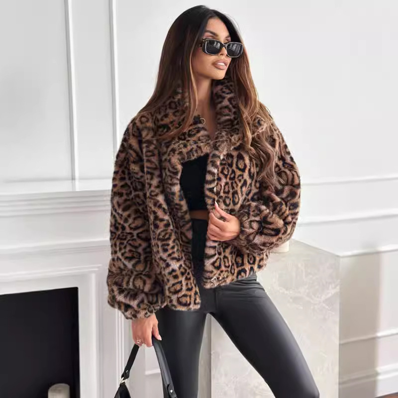 Foreign trade cross-border AliExpress Amazon wish fashion personality new autumn and winter fur leopard print lapel short coat Foreign trade cross-border AliExpress Amazon wish fashion personality new autumn and winter fur leopard print lapel short coat