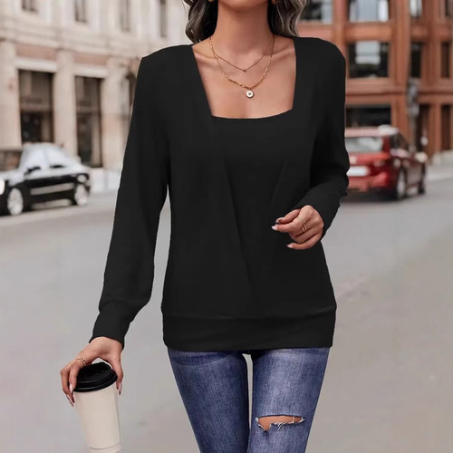 European and American Style Solid Color Square Collar Loose Long Sleeve Top Winter New Casual Women's Best Selling Item