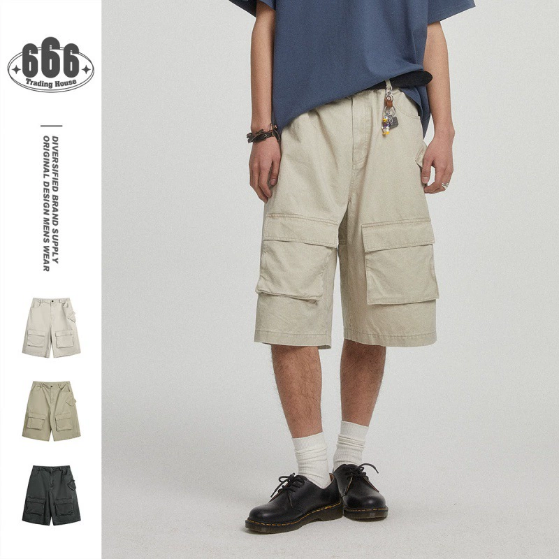 OUSWE Летняя новая ретро японские большие карманные шорты карман мужские хлопковые свободные повседневные укороченные брюки RK76