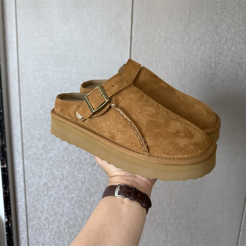 New Metal Buckle Slippers Women's Snow Boots Genuine Leather Outdoor Casual Back Strap Toe Cowhide Anti-Ski Boots