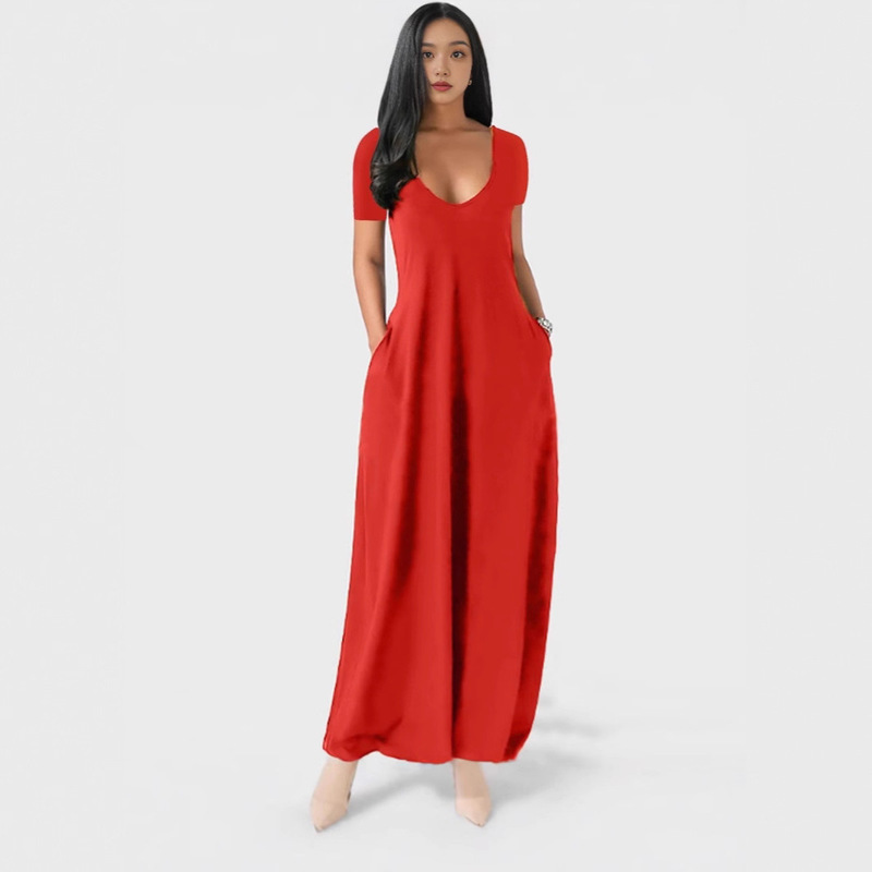 Women's Long-Sleeved Dark V-Neck Tie Pocket Bright Pink Spring, Summer and Autumn Maxi Dress