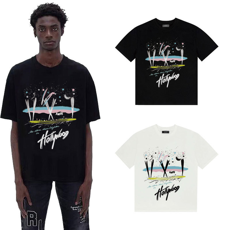 Amiri Amir New 2025 Summer Printed Logo Design Cartoon Trendy Versatile Pure Cotton Short-Sleeved T-Shirt for Men and Women