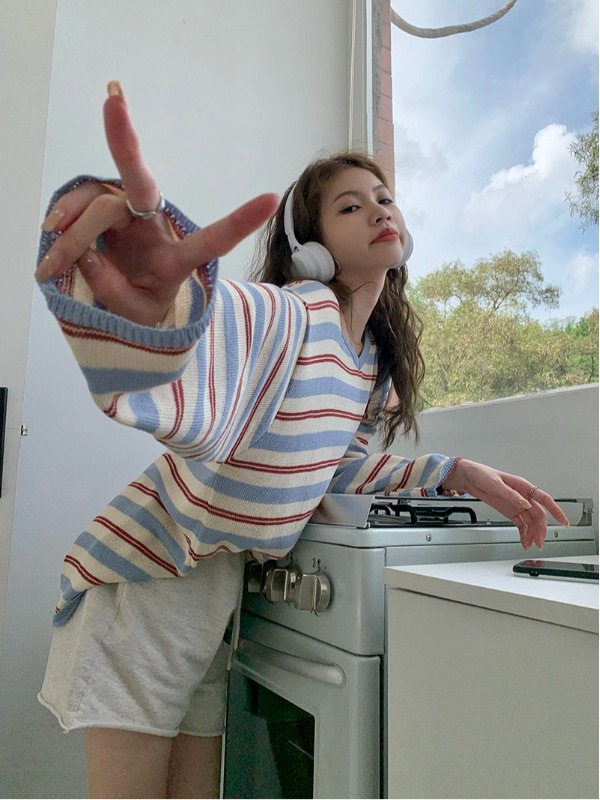 今年流行女装撞色条纹长袖T恤秋新款宽松百搭韩系慵懒松弛感上衣|undefined