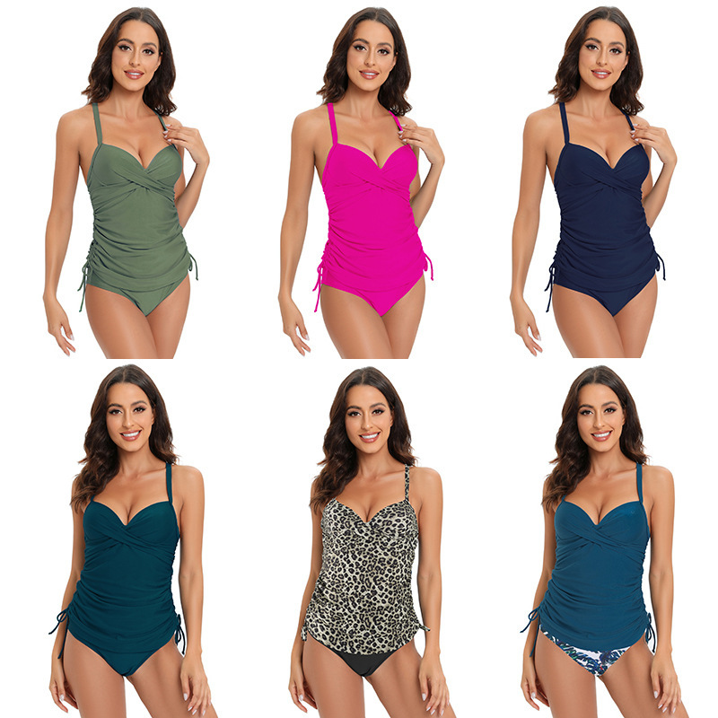 [European and American split swimsuit women] Multi-Color cross bra pleated drawstring slim briefs Amazon