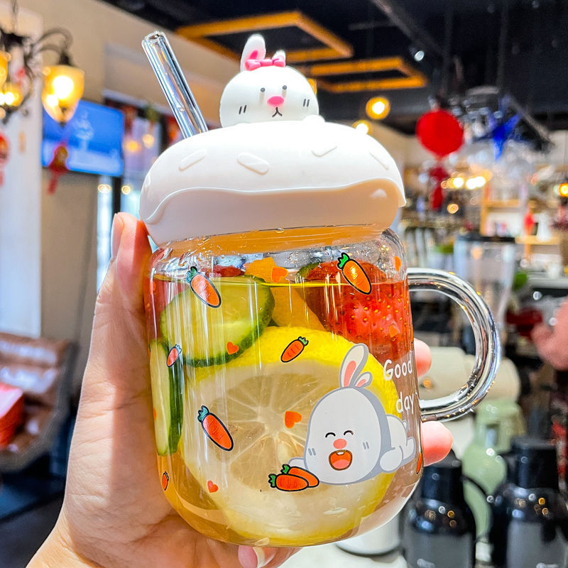 Creativo taza de vidrio de alta apariencia Corazón de niña linda caricatura Linda mascota con mango taza de paja taza de leche de oficina