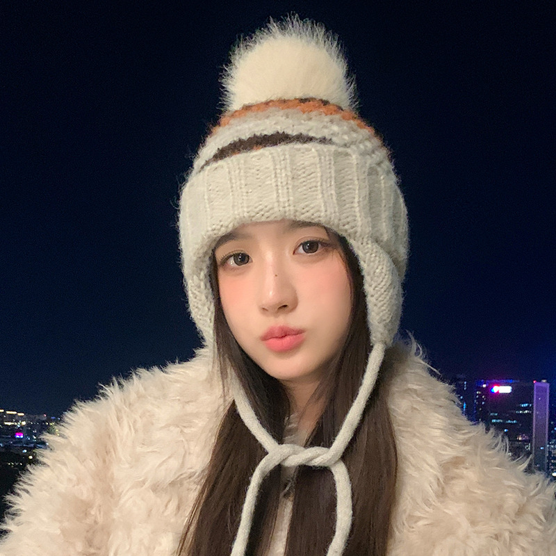 韩版百搭针织毛线帽子女秋冬加厚防风护耳帽绑带可爱毛球保暖帽新|undefined