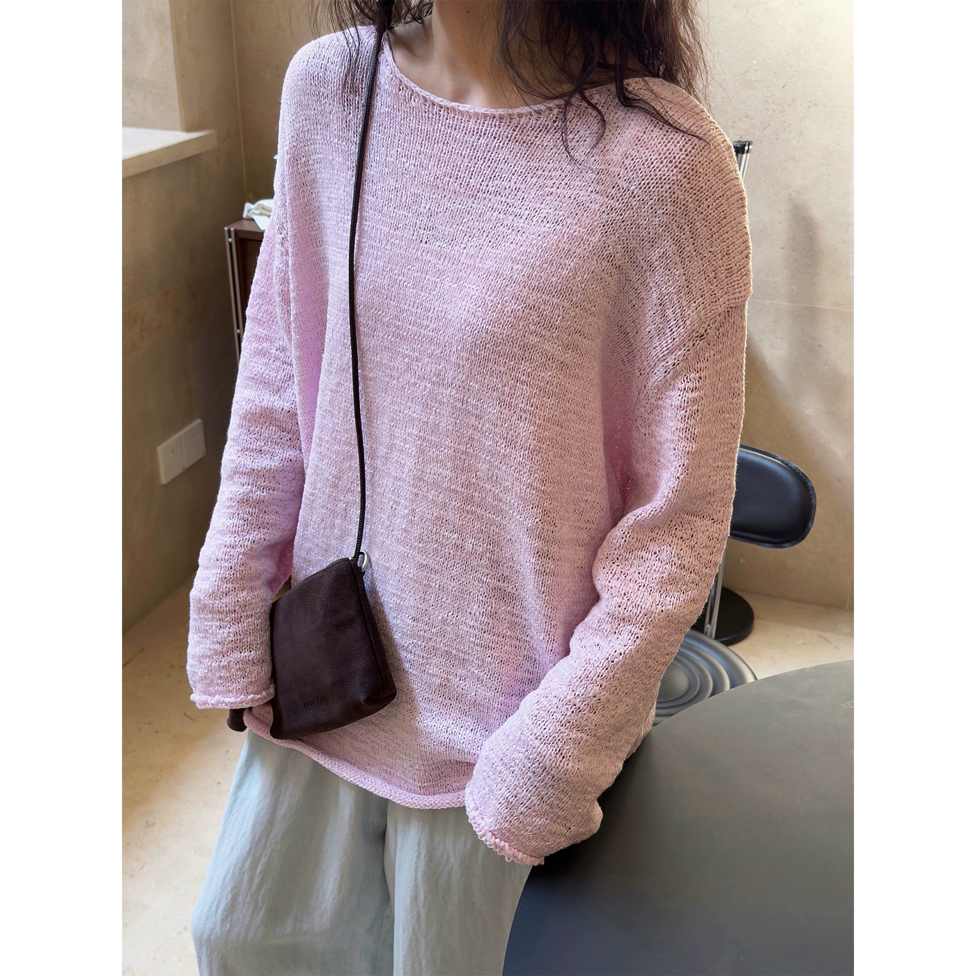 Весенний новый корейский стиль, ленивый свитер без воротника с закругленными краями, легкий текстурный повседневный топ для женщин