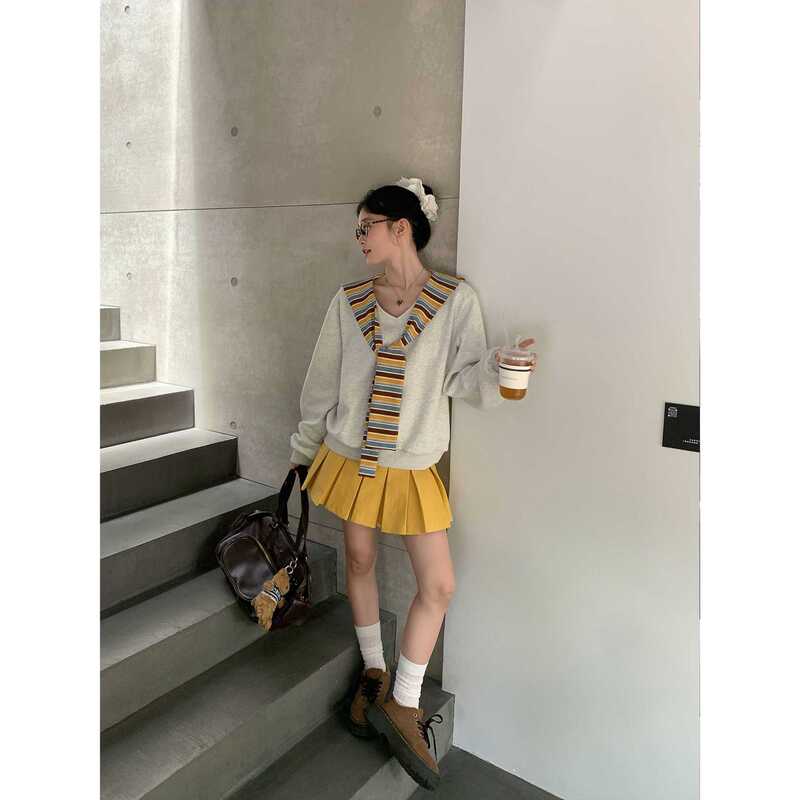 韩系慵懒风2025秋季新款设计感V领条纹披肩假两件卫衣女长袖上衣|undefined