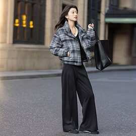 跨境外贸2026冬季新款棉服女短款小个子棉衣立领格子棉袄外套批发