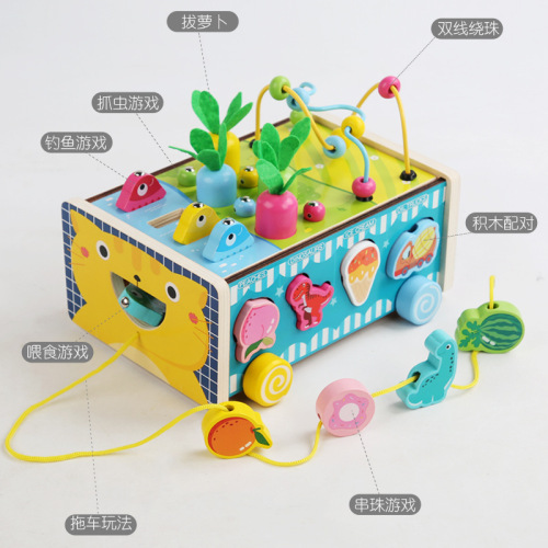 Children's wooden trailer toy, fishing, pulling carrots around jewelry, eight-in-one towing walker, assembling building blocks