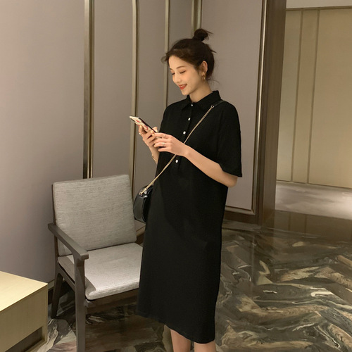 Maternity summer loose plus-size petite fashionable black polo shirt T-shirt middle-length casual dress