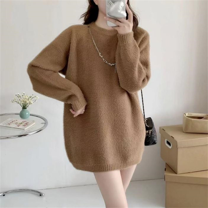 加厚仿水貂绒宽松慵懒毛衣圆领纯色长袖套头针织衫大码打底上衣女