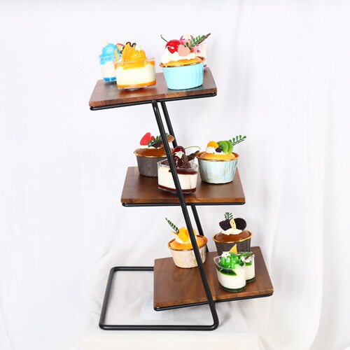 Three-layer iron storage rack, acacia wood tray, cake dessert tray, tasting plate, fruit ornaments, afternoon tea display stand