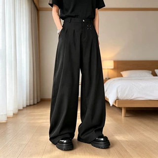美式高街黑色垂感休闲西裤潮牌宽松cleanfit直筒西装阔腿长裤子