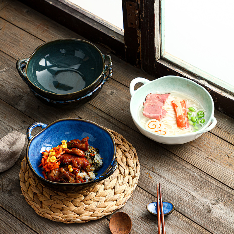 El horno para el hogar se convierte en un cuenco de cerámica con orejas, celebridades de Internet, estilo ins, cuenco de arroz de olla de piedra de estilo japonés retro, restaurante de hotel, cuenco de alto valor