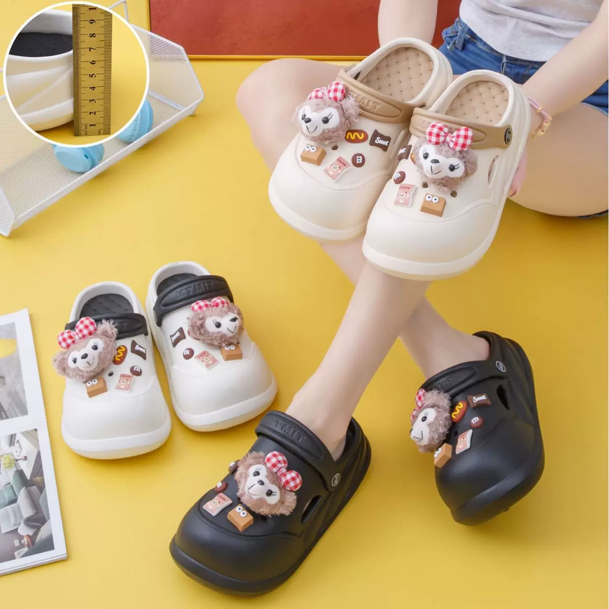 跨境现货卡通可爱洞洞鞋女鞋EVA舒适厚底外穿diy可拆卸包头拖鞋
