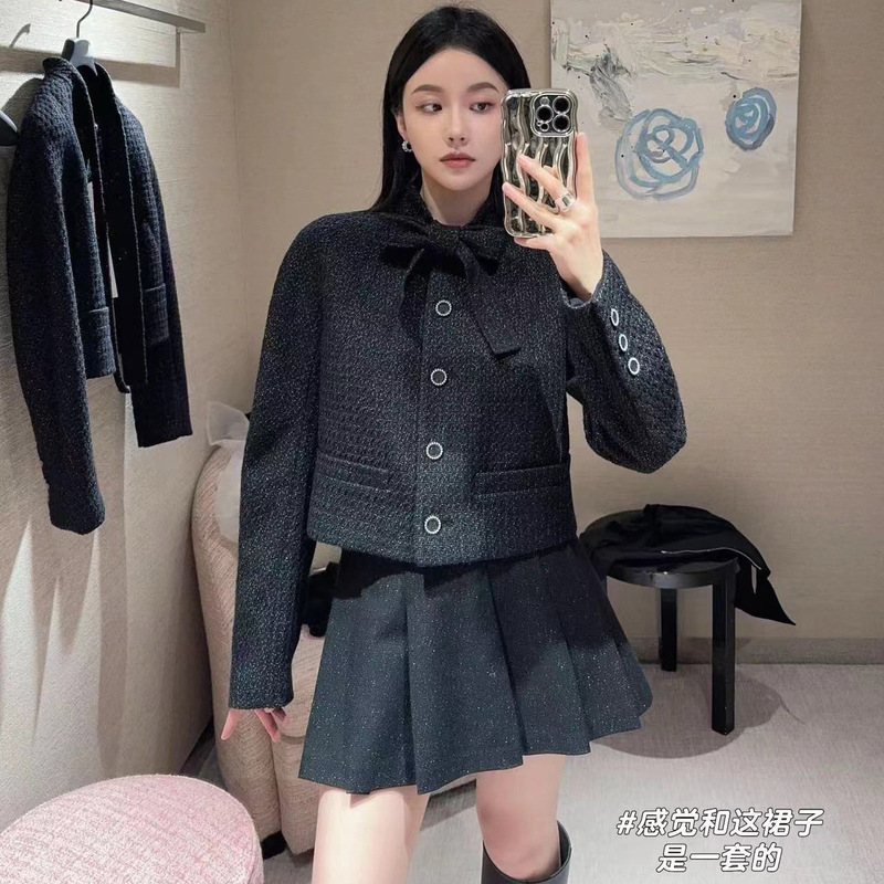 2025 Autumn/Winter Little Chanel Style Bowknot Age-Reducing Slimming Slim Fit Tweed Woven Stand Collar Short Jacket for Women