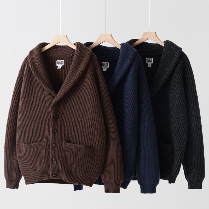 Heavy Sheep Wool Lapel Knitted Cardigan Sweater Jacket Men's Classic British Vintage Thickened Fruit Collar Sweater